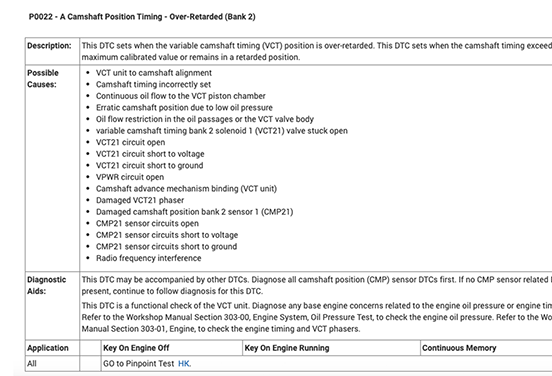 DTC P0022 camshaft
