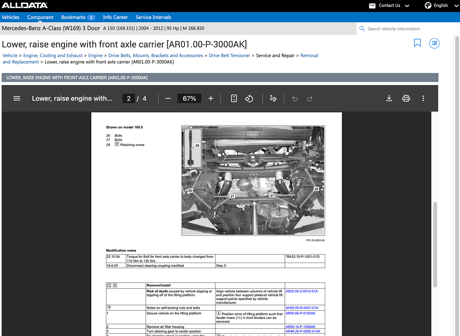 screen shot of ALLDATA Repair instructions mercedes A Class