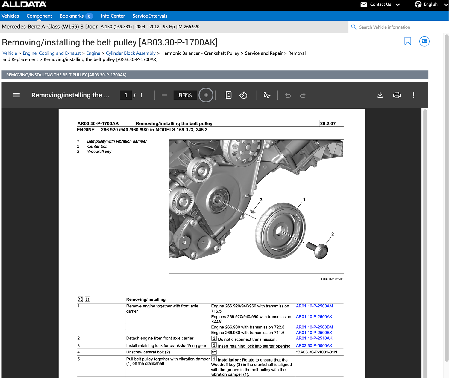 screen shot of ALLDATA Repair instructions mercedes A Class