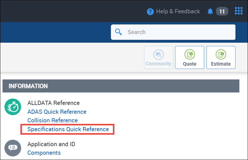 open the Specifications Quick Reference