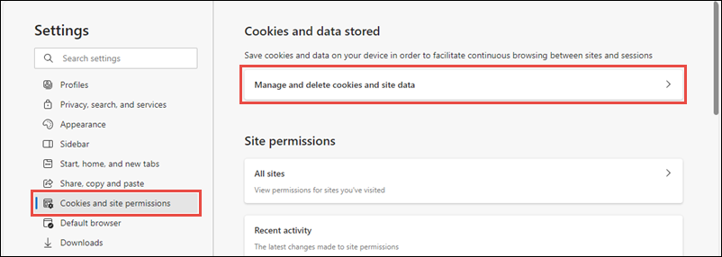 click Manage and delete cookies on this site