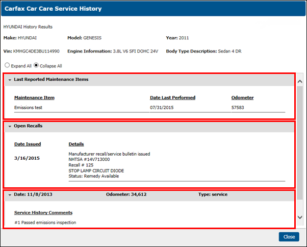 service history screen