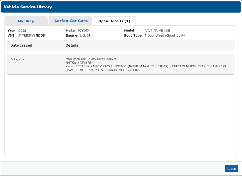 recalls tab