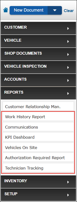 reports menu options