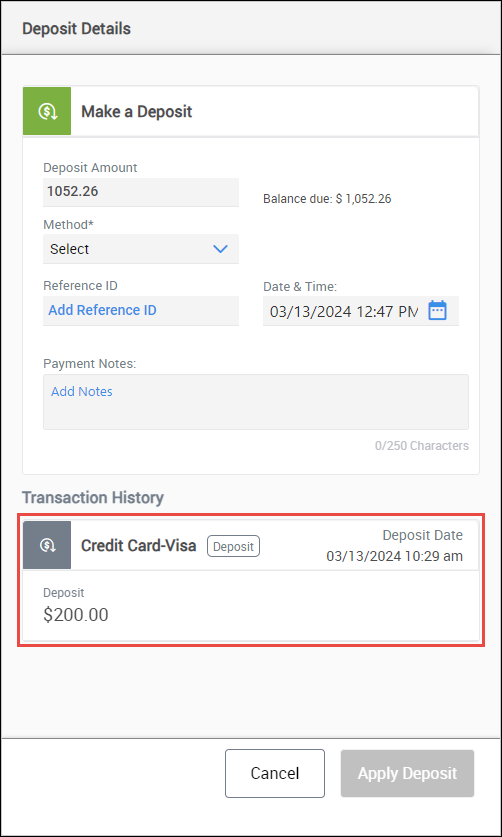 deposit amount in transaction history