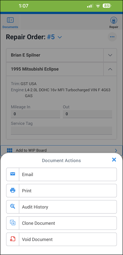 document actions menu