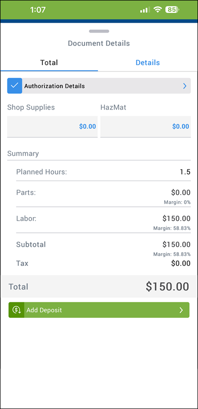 document details menu expanded