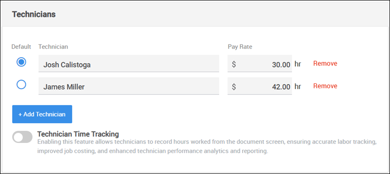 technicians settings