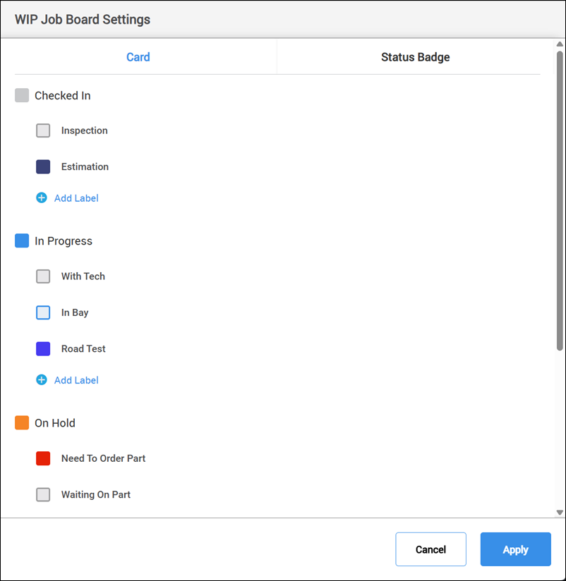 WIP Status Badge Settings