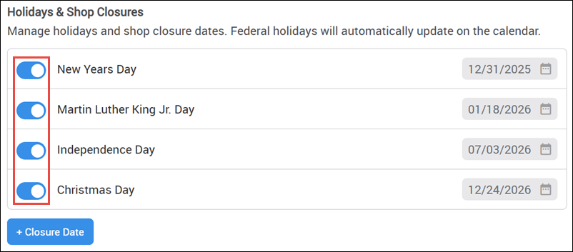 deselect unwanted holidays