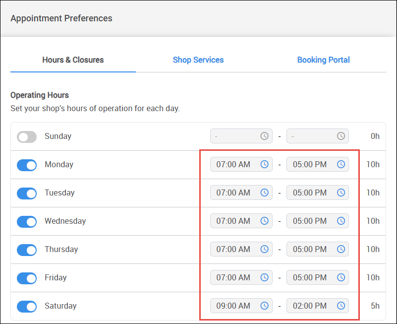 set open and close times