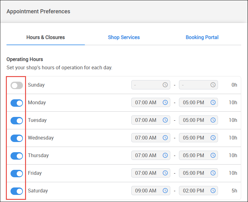 toggle operating hours