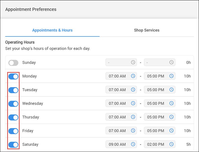 toggle days of operation