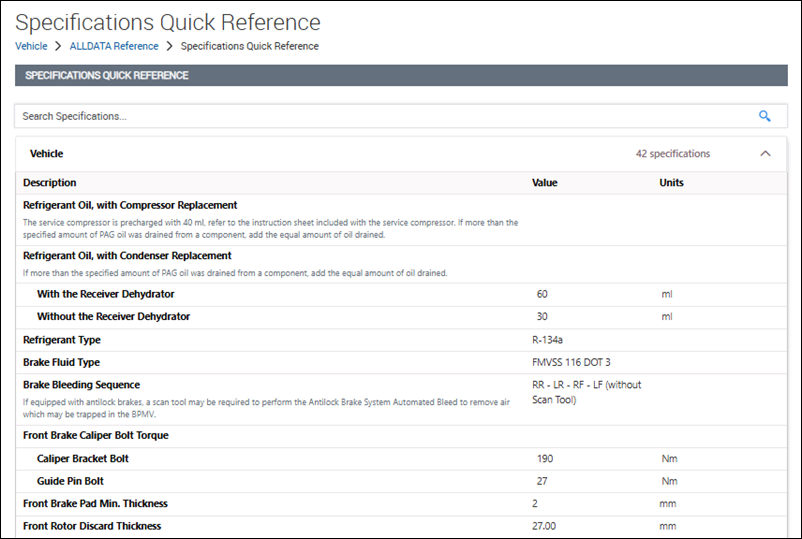 specifications quick ref