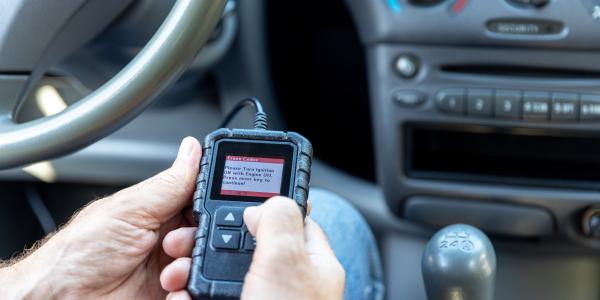  a man holding an obd-ii scanner in the driver's seat of a car