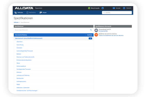 Quick Specifications in ALLDATA Repair