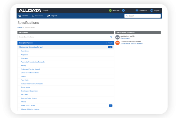 Quick Specifications in ALLDATA Repair