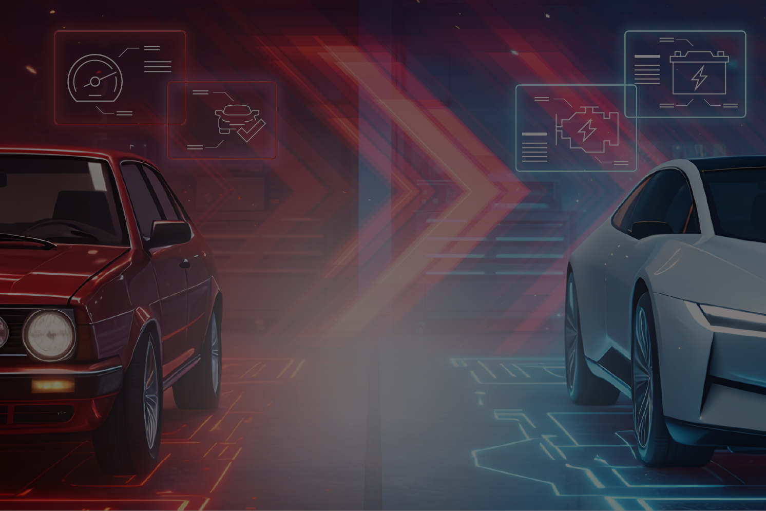 Red car evolving into modern white car