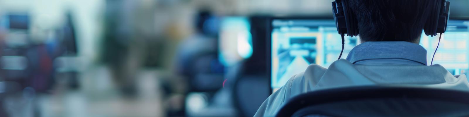 Man in support center in front of PC with headphones